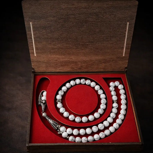 Beyaz Havlit Taşı Tesbih Bileklik Seti resmi