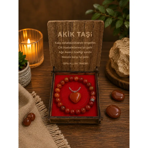 Doğal Taş Akik Kolye Ve Bileklik Seti (Kutu Hediyeli) resmi