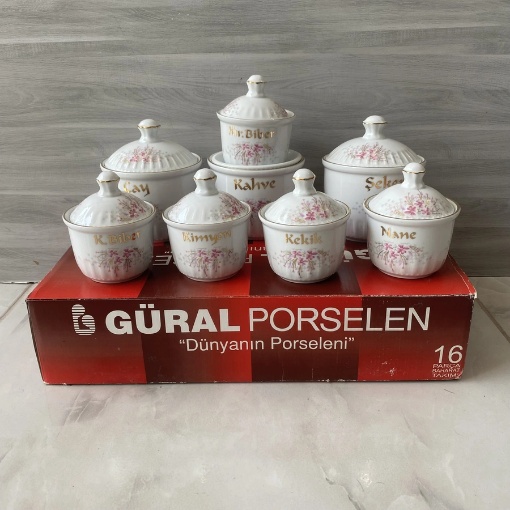 Güral Porselen 8'li Baharat Takımı Pembe Çiçek Desenli resmi